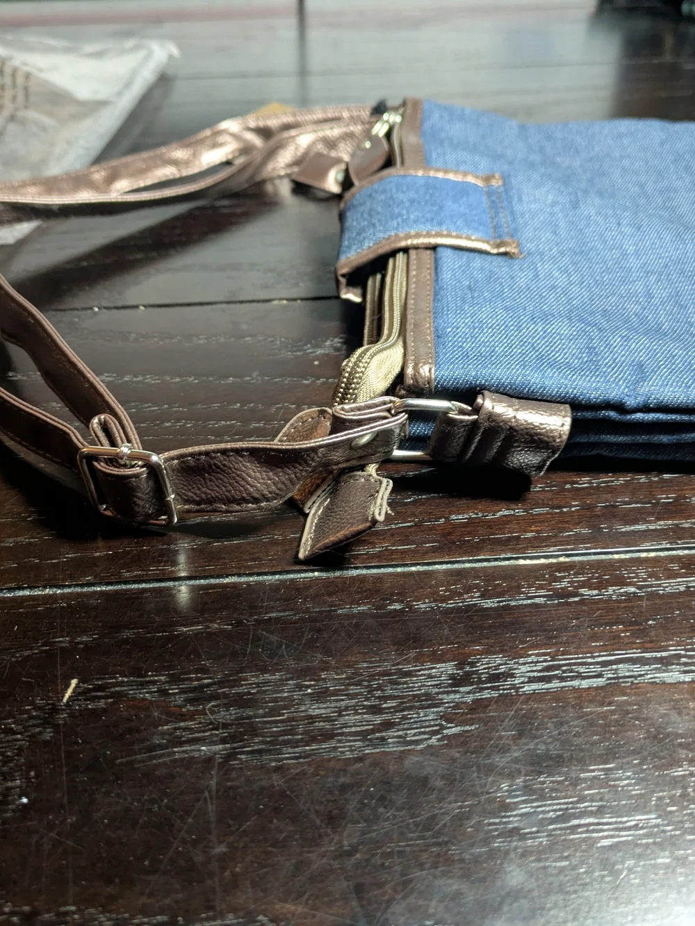 Gold Coast Denim Handbag Bag And Matching Watch - Blue with Brown Trim